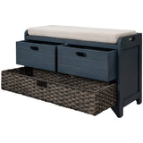 English Elm Trexm Storage Bench With Removable Basket and 2 Drawers, Fully Assembled Shoe Bench With Removable Cushion (Navy)