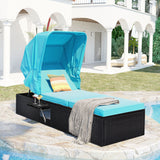 Hearth and Haven 76.8" Outdoor Reclining Single Chaise Lounge Set with Cushions, Canopy and Cup Table, Black and Blue