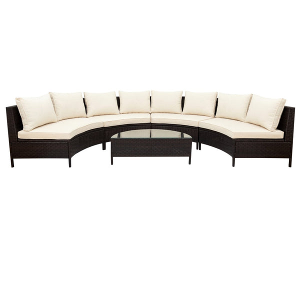 English Elm Topmax Five Piece Modular Outdoor Sectional Pe Rattan Patio Set with Glass Table Beige N717S100149A