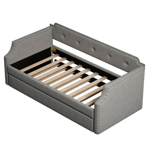 English Elm Upholstered Daybed with Trundle and Nailhead Trim, Twin Sofa Bed with Wood Slat Support, Durable Linen Upholstery Gray SM000501AAE