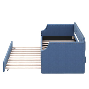 English Elm Upholstered Daybed with Trundle and Nailhead Trim, Twin Sofa Bed with Wood Slat Support, Durable Linen Upholstery Blue SM000501AAC