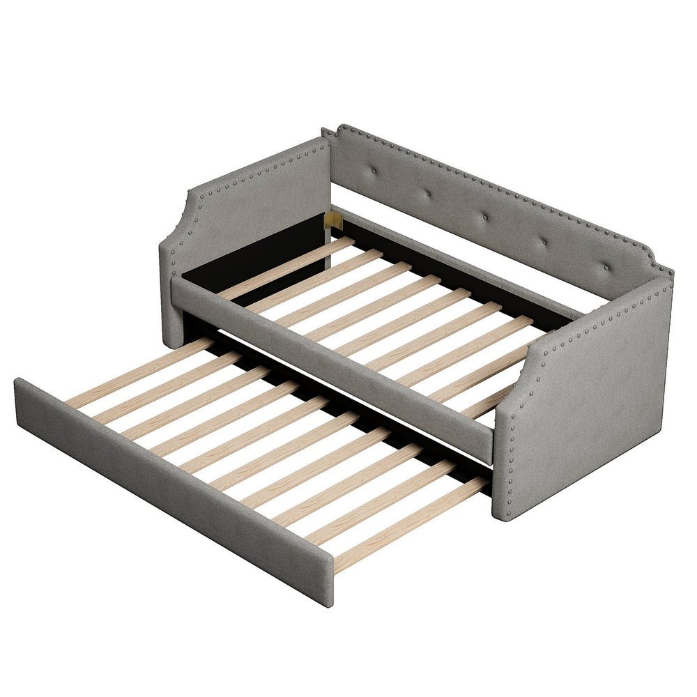 English Elm Upholstered Daybed with Trundle and Nailhead Trim, Twin Sofa Bed with Wood Slat Support, Durable Linen Upholstery Gray SM000501AAE