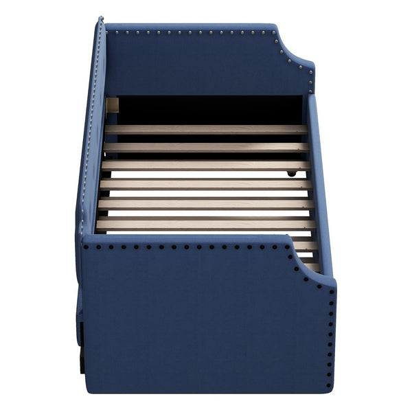 English Elm Upholstered Daybed with Trundle and Nailhead Trim, Twin Sofa Bed with Wood Slat Support, Durable Linen Upholstery Blue SM000501AAC