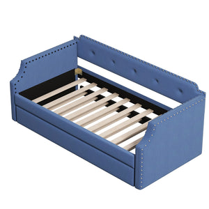 English Elm Upholstered Daybed with Trundle and Nailhead Trim, Twin Sofa Bed with Wood Slat Support, Durable Linen Upholstery Blue SM000501AAC