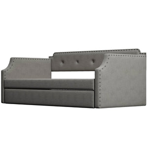 English Elm Upholstered Daybed with Trundle and Nailhead Trim, Twin Sofa Bed with Wood Slat Support, Durable Linen Upholstery Gray SM000501AAE