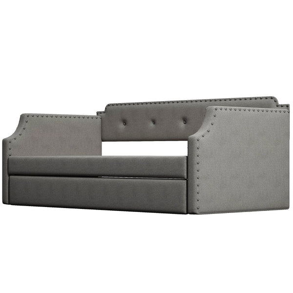 English Elm Upholstered Daybed with Trundle and Nailhead Trim, Twin Sofa Bed with Wood Slat Support, Durable Linen Upholstery Gray SM000501AAE