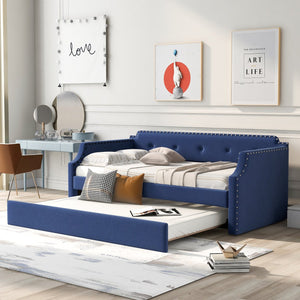English Elm Upholstered Daybed with Trundle and Nailhead Trim, Twin Sofa Bed with Wood Slat Support, Durable Linen Upholstery Blue SM000501AAC