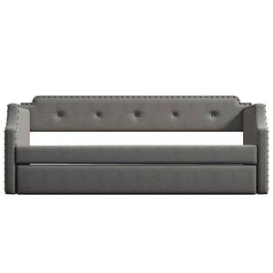 English Elm Upholstered Daybed with Trundle and Nailhead Trim, Twin Sofa Bed with Wood Slat Support, Durable Linen Upholstery Gray SM000501AAE