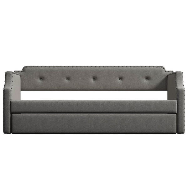 English Elm Upholstered Daybed with Trundle and Nailhead Trim, Twin Sofa Bed with Wood Slat Support, Durable Linen Upholstery Gray SM000501AAE