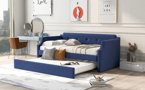 English Elm Upholstered Daybed with Trundle and Nailhead Trim, Twin Sofa Bed with Wood Slat Support, Durable Linen Upholstery Blue SM000501AAC