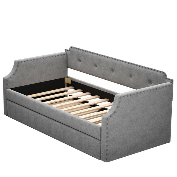 English Elm Upholstered Daybed with Trundle and Nailhead Trim, Twin Sofa Bed with Wood Slat Support, Durable Linen Upholstery Gray SM000501AAE