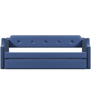 English Elm Upholstered Daybed with Trundle and Nailhead Trim, Twin Sofa Bed with Wood Slat Support, Durable Linen Upholstery Blue SM000501AAC