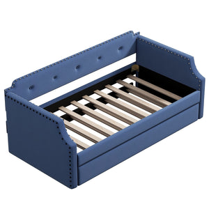 English Elm Upholstered Daybed with Trundle and Nailhead Trim, Twin Sofa Bed with Wood Slat Support, Durable Linen Upholstery Blue SM000501AAC