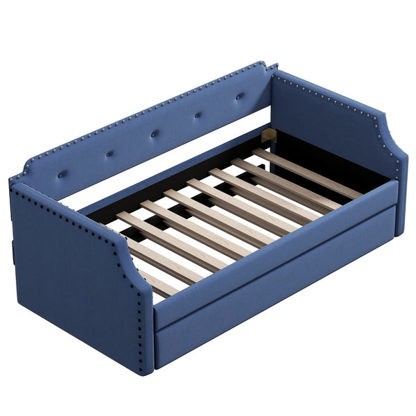 English Elm Upholstered Daybed with Trundle and Nailhead Trim, Twin Sofa Bed with Wood Slat Support, Durable Linen Upholstery Blue SM000501AAC