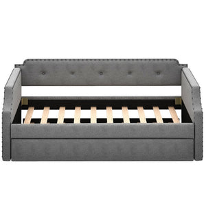 English Elm Upholstered Daybed with Trundle and Nailhead Trim, Twin Sofa Bed with Wood Slat Support, Durable Linen Upholstery Gray SM000501AAE