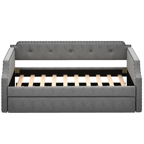 English Elm Upholstered Daybed with Trundle and Nailhead Trim, Twin Sofa Bed with Wood Slat Support, Durable Linen Upholstery Gray SM000501AAE