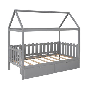 Hearth and Haven Twin Size House Bed with Drawers and Fence shaped Guardrail, Grey