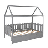 Twin Size House Bed with Drawers and Fence shaped Guardrail, Grey