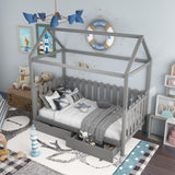 Hearth and Haven Twin Size House Bed with Drawers and Fence shaped Guardrail, Grey