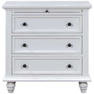 English Elm U_style Minimalist 3 Drawer Nightstand with Pull Out Tray Rubberwood Legs Bedroom Storage White WF319367AAK