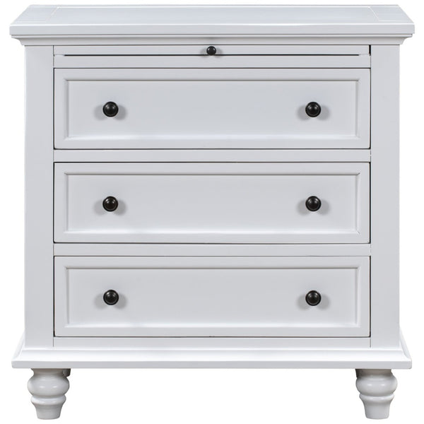 English Elm U_style Minimalist 3 Drawer Nightstand with Pull Out Tray Rubberwood Legs Bedroom Storage White WF319367AAK