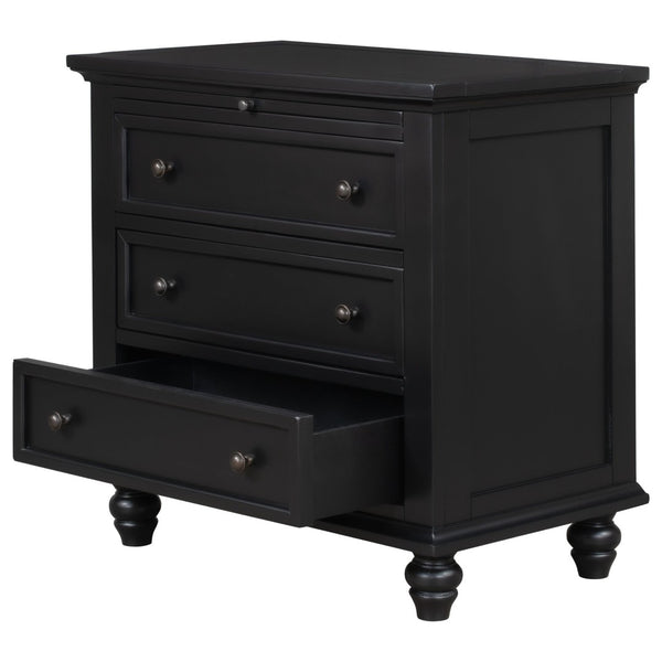English Elm U_style Minimalist 3 Drawer Nightstand with Pull Out Tray Rubberwood Legs Bedroom Storage Black WF319367AAB