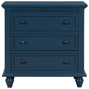 English Elm U_style Minimalist 3 Drawer Nightstand with Pull Out Tray Rubberwood Legs Bedroom Storage Blue WF319367AAV