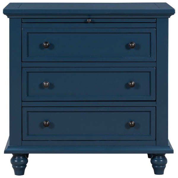 English Elm U_style Minimalist 3 Drawer Nightstand with Pull Out Tray Rubberwood Legs Bedroom Storage Blue WF319367AAV