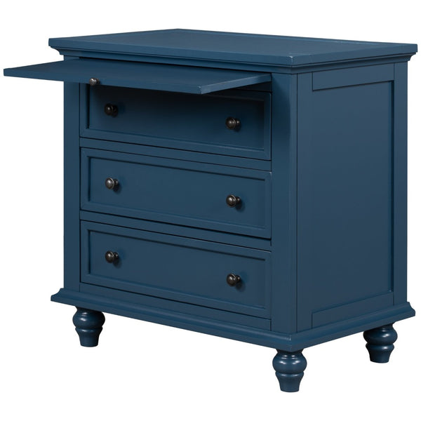 English Elm U_style Minimalist 3 Drawer Nightstand with Pull Out Tray Rubberwood Legs Bedroom Storage Blue WF319367AAV