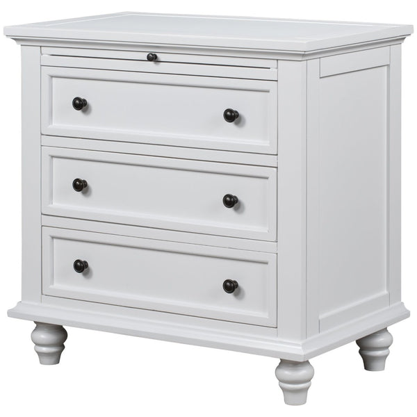 English Elm U_style Minimalist 3 Drawer Nightstand with Pull Out Tray Rubberwood Legs Bedroom Storage White WF319367AAK