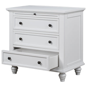 English Elm U_style Minimalist 3 Drawer Nightstand with Pull Out Tray Rubberwood Legs Bedroom Storage White WF319367AAK