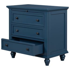 English Elm U_style Minimalist 3 Drawer Nightstand with Pull Out Tray Rubberwood Legs Bedroom Storage Blue WF319367AAV
