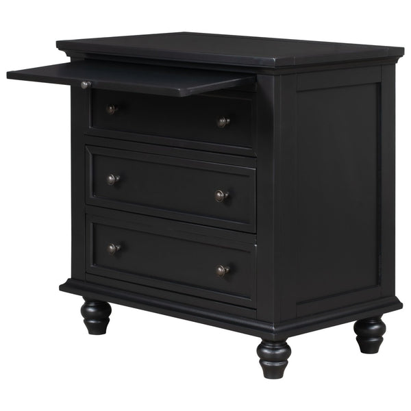 English Elm U_style Minimalist 3 Drawer Nightstand with Pull Out Tray Rubberwood Legs Bedroom Storage Black WF319367AAB