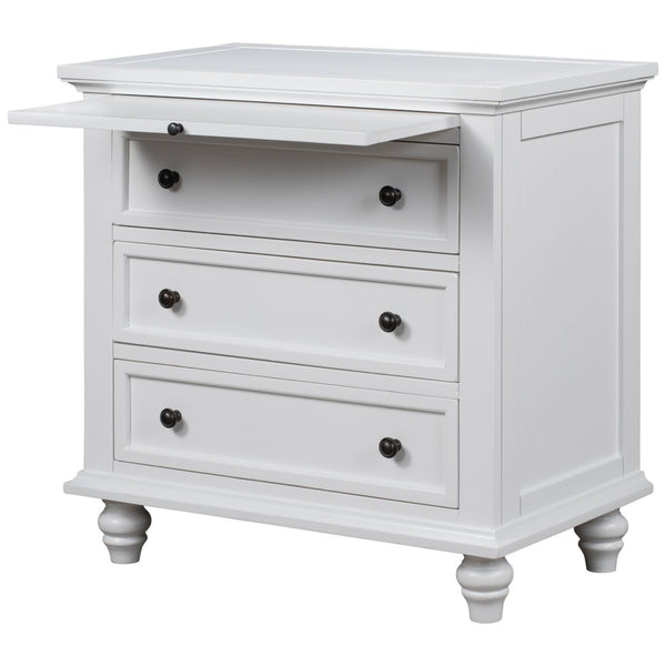 English Elm U_style Minimalist 3 Drawer Nightstand with Pull Out Tray Rubberwood Legs Bedroom Storage White WF319367AAK
