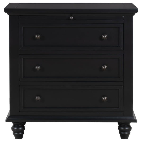 English Elm U_style Minimalist 3 Drawer Nightstand with Pull Out Tray Rubberwood Legs Bedroom Storage Black WF319367AAB