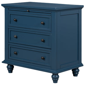 English Elm U_style Minimalist 3 Drawer Nightstand with Pull Out Tray Rubberwood Legs Bedroom Storage Blue WF319367AAV