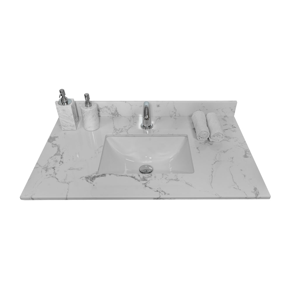 English Elm Montary 37-Inch Carrara Stone Vanity Top With Undermount Sink & Backsplash For Easy Bathroom Upgrade W50921988