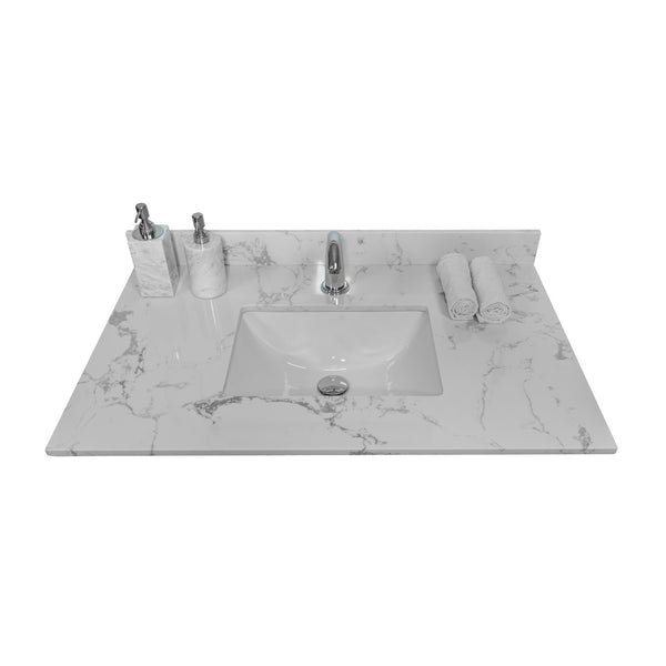 English Elm Montary 37-Inch Carrara Stone Vanity Top With Undermount Sink & Backsplash For Easy Bathroom Upgrade W50921988