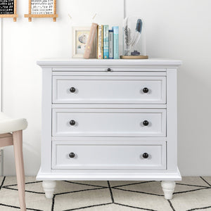 English Elm U_style Minimalist 3 Drawer Nightstand with Pull Out Tray Rubberwood Legs Bedroom Storage White WF319367AAK