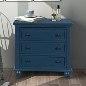 English Elm U_style Minimalist 3 Drawer Nightstand with Pull Out Tray Rubberwood Legs Bedroom Storage Blue WF319367AAV
