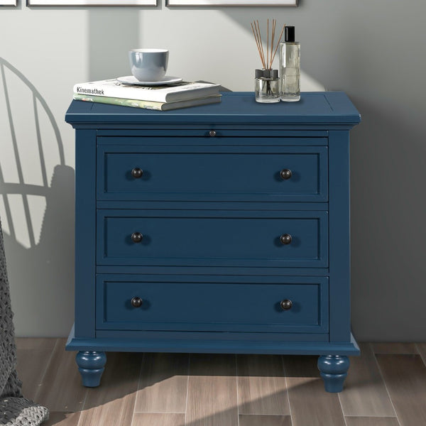 English Elm U_style Minimalist 3 Drawer Nightstand with Pull Out Tray Rubberwood Legs Bedroom Storage Blue WF319367AAV