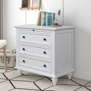 English Elm U_style Minimalist 3 Drawer Nightstand with Pull Out Tray Rubberwood Legs Bedroom Storage White WF319367AAK