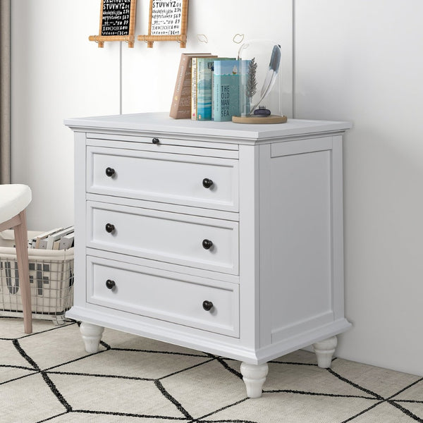 English Elm U_style Minimalist 3 Drawer Nightstand with Pull Out Tray Rubberwood Legs Bedroom Storage White WF319367AAK