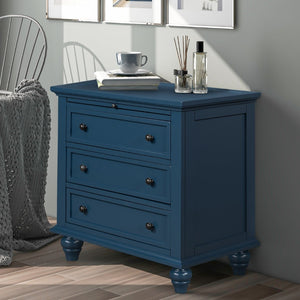 English Elm U_style Minimalist 3 Drawer Nightstand with Pull Out Tray Rubberwood Legs Bedroom Storage Blue WF319367AAV