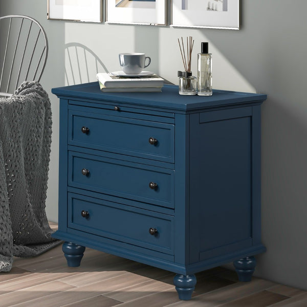 English Elm U_style Minimalist 3 Drawer Nightstand with Pull Out Tray Rubberwood Legs Bedroom Storage Blue WF319367AAV