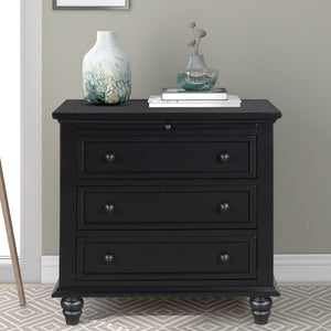 English Elm U_style Minimalist 3 Drawer Nightstand with Pull Out Tray Rubberwood Legs Bedroom Storage Black WF319367AAB