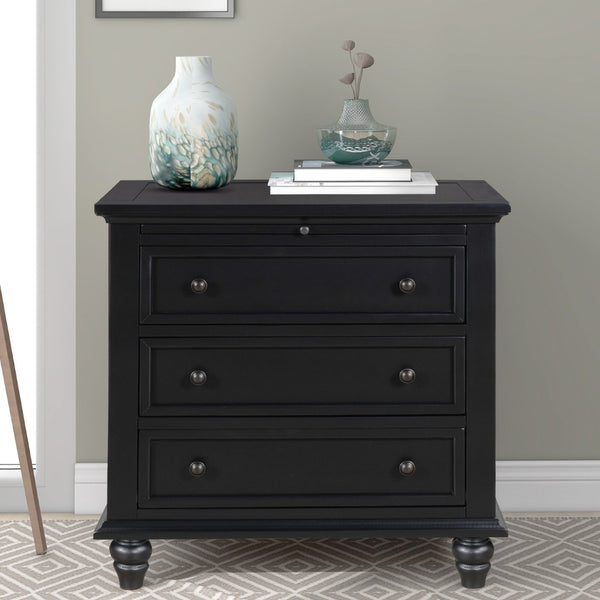English Elm U_style Minimalist 3 Drawer Nightstand with Pull Out Tray Rubberwood Legs Bedroom Storage Black WF319367AAB