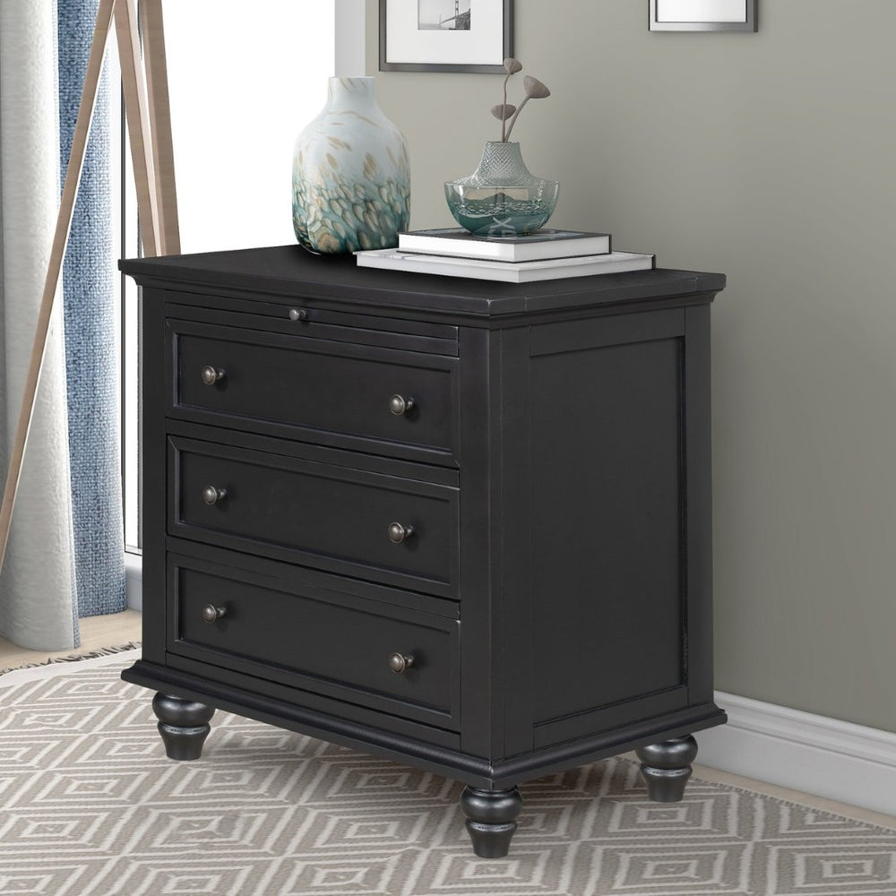 English Elm U_style Minimalist 3 Drawer Nightstand with Pull Out Tray Rubberwood Legs Bedroom Storage Black WF319367AAB