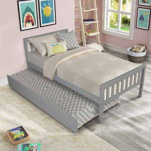 English Elm Twin Bed with Trundle Platform Frame Headboard & Footboard for Small Spaces, Solid Pine Design, No Box Spring Needed Grey W50422210