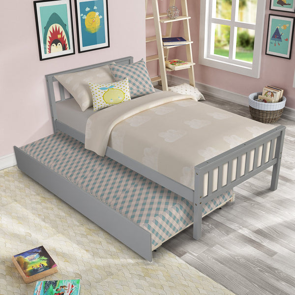English Elm Twin Bed with Trundle Platform Frame Headboard & Footboard for Small Spaces, Solid Pine Design, No Box Spring Needed Grey W50422210